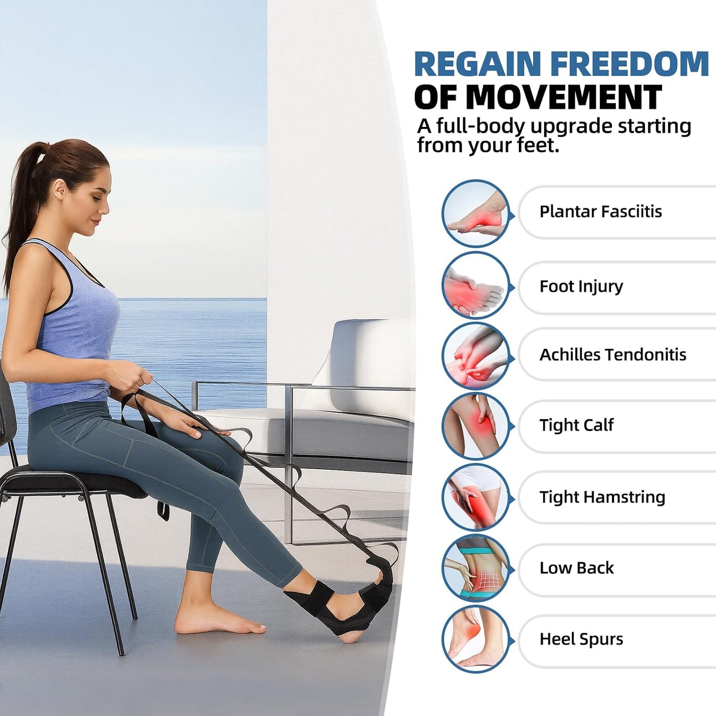 Foot and Calf Stretcher - Strap For Foot Drop, Plantar Fasciitis, Heel Spurs, Achilles Tendonitis & Hamstring. Yoga Foot & Leg Stretch Strap. (Black)