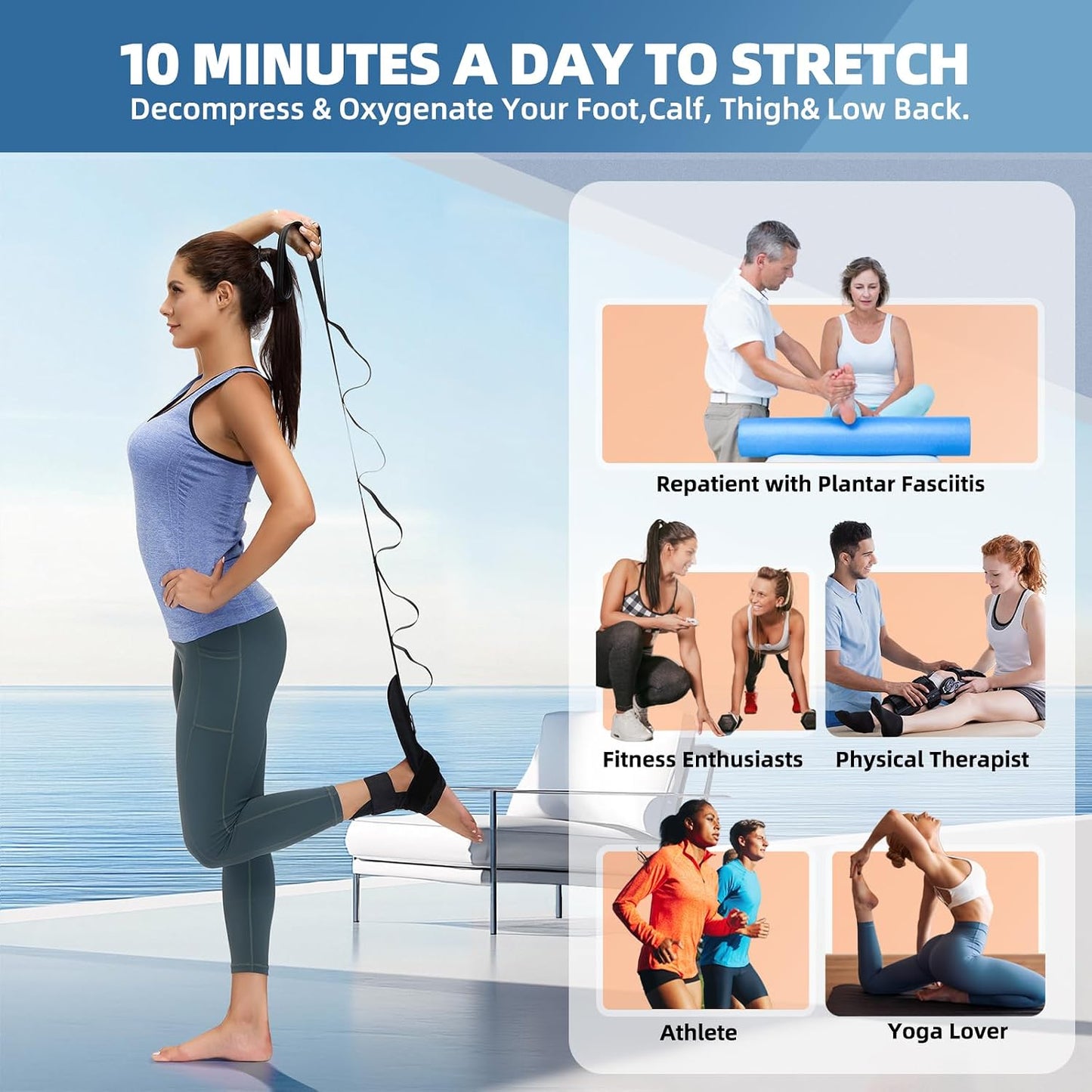 Foot and Calf Stretcher - Strap For Foot Drop, Plantar Fasciitis, Heel Spurs, Achilles Tendonitis & Hamstring. Yoga Foot & Leg Stretch Strap. (Black)