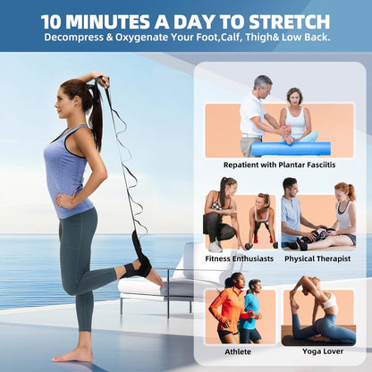Foot and Calf Stretcher - Strap For Foot Drop, Plantar Fasciitis, Heel Spurs, Achilles Tendonitis & Hamstring. Yoga Foot & Leg Stretch Strap. (Black)