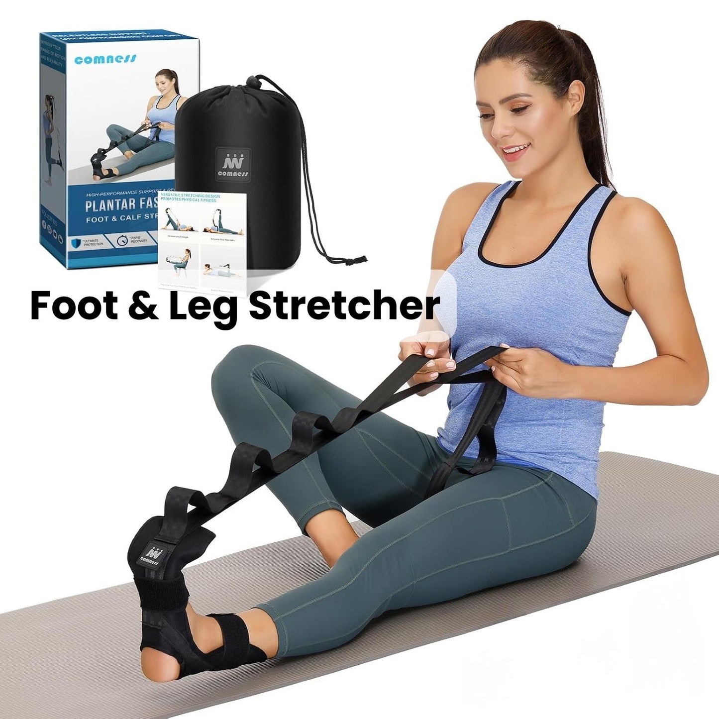 Foot and Calf Stretcher - Strap For Foot Drop, Plantar Fasciitis, Heel Spurs, Achilles Tendonitis & Hamstring. Yoga Foot & Leg Stretch Strap. (Black)